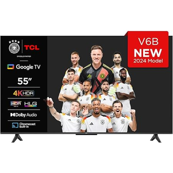 TCL 55V6B 55 Zoll, 4K Ultra HD, HDR televizors, Smart TV ar Google TV (Dolby Audio, Motion Clarity, Sprachsteuerung, Kompatibel mit Google Assistant, Chromecast eingebaut)