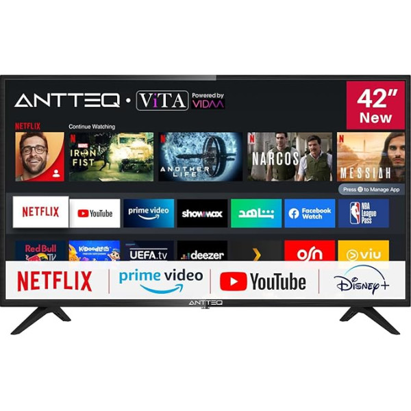 Antteq AV42F3 TV 42 collu (106 cm) Smart TV ar Netflix, Prime Video, Rakuten TV, DAZN, YouTube, UVM, WiFi, trīskāršu DVB-T2/S2/C uztvērēju