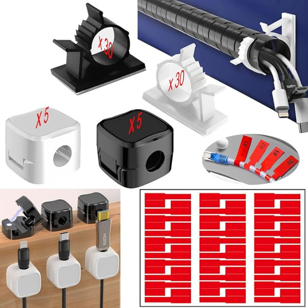 Pašlīmējošs kabeļu turētājs, kabeļu organizētājs, galda, kabeļu skavas, regulējams kabeļu vadības komplekts ar 2 kabeļu uztvērējiem, kabeļu stiprinājuma kabeļu skava strāvas kabeļiem/gaismas lampām (30 balti + 30 melni)