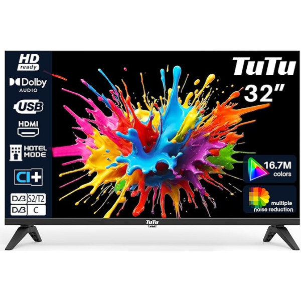 TuTu 32 collu (80 cm) LED LED HD Ready televizors ar trīskāršu uztvērēju (DVB-T/T2-C-S/S2) HDMI USB multivides atskaņotājs CI/CI+ Viesnīcas režīms (2024)