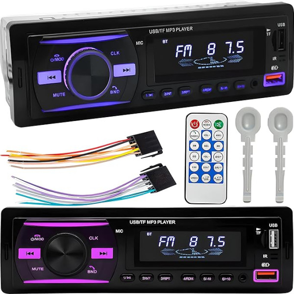 Retoo Automobiļu radio ar Bluetooth brīvroku komplektu un tālvadības pulti, 1 DIN MP3 atskaņotājs ar 2 USB mūzikas spēlēm un uzlādei, RGB krāsas, FM radio uztvērējs un antena ar MP3, AUX, RDS, SD, MicroSD