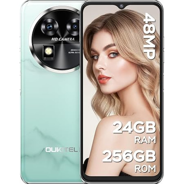 OUKITEL C37 Mobilais tālrunis bez līguma, 24GB + 256GB/1TB paplašināms 5150mAh 4G viedtālrunis, 6,6 collu FHD+ displejs, Android 13, 48MP + 32MP panorāmas kamera, sejas ID un pirkstu nospiedumi, GPS un Wi-Fi, Dual