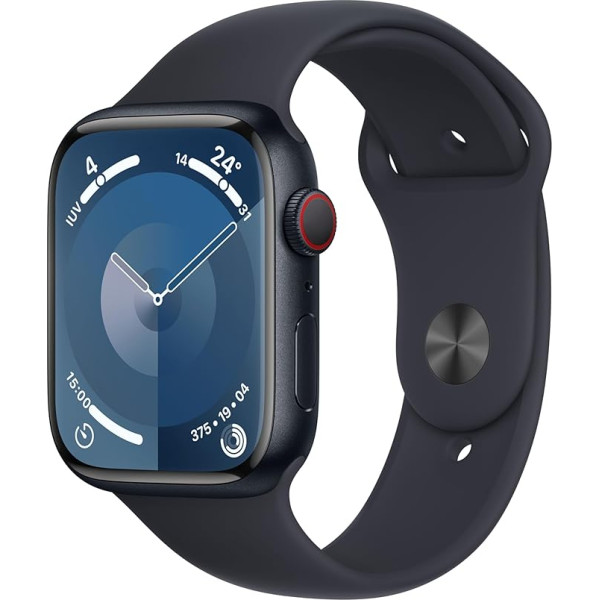 Apple Watch Series 9 [GPS + mobilais, 45 mm] Alumīnija korpuss Midnight ar sporta siksniņu Midnight, M/L (Atjaunots)