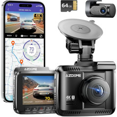 AZDOME Automobiļa priekšējā aizmugurējā 4K/2.5K GPS WiFi Dash Cam kamera ar 64GB SD karti, dubultā automašīnas kamera, stāvvietas uzraudzība, super nakts redzamība, WDR, 170° platleņķis, G-sensors, cilpas ierakstīšana, GS63H Pro