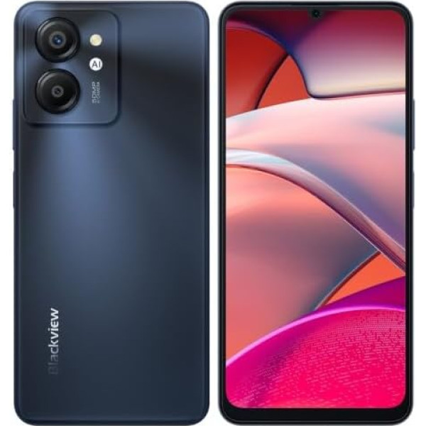 Blackview Color 8 viedtālrunis bez līguma, 16 GB + 256 GB, 6,75 collu FHD+ 90 Hz, 50 MP + 8 MP kamera, 6000 mAh akumulators, trīs karšu slots, Android 13 mobilais tālrunis, Smart-K Box skaļrunis, GPS Black