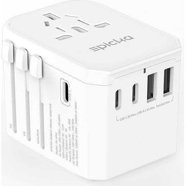 EPICKA Travel Adapter Worldwide, universāls ceļojuma kontaktdakšu adapteris 30 W, starptautisks kontaktligzdas adapteris ar 3 USB-C, 2 USB-A, ceļojuma adapteris Vācijai, ASV, Lielbritānijai, Japānai, Taizemei, Austrālijai, TA-105C, balts