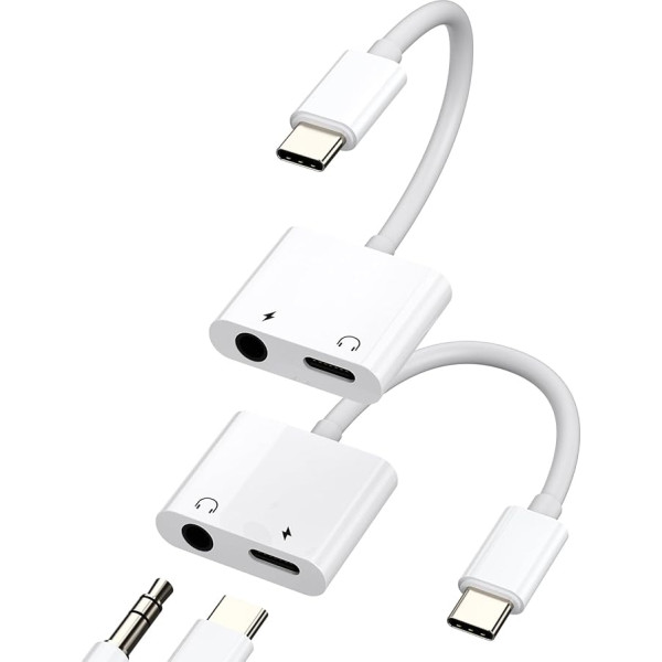 Adapteris no USB C uz austiņām ar 3,5 mm ligzdu 2 in 1 (Pack of 2) Austiņu lādētājs DAC Audio saderīgs ar Xiaomi Huawei Redmi Google Samsung S21 Cable Double Plug Splitter Car AUX