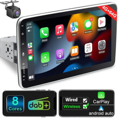 Android auto radio ar navigāciju 10,1 collu ekrāns Iebūvēts DAB+ bezvadu auto un Carplay 1 DIN radio Touch Display ar Bluetooth 8 Core 4G + 64G WiFi GPS AM/FM RDS atpakaļgaitas kamera