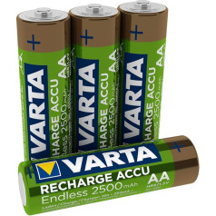 Varta Endless Energy akumulators 2500mAh līdz 500 uzlādes cikliem - zema pašizlāde, Ready2Use iepriekš uzlādēts AA Mignon Ni-MH akumulators, uzlādējams 4 iepakojumos bez atmiņas efekta - gatavs tūlītējai lietošanai.