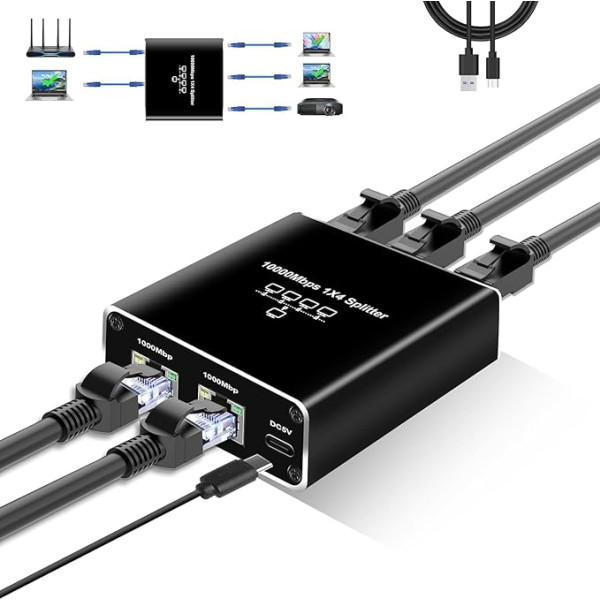 Panlouting 1000 Mbit/s RJ45 Ethernet no 1 līdz 4 pieslēgvietu sadalītāja adapteris, 4 pieslēgvietas vienlaicīgai lietošanai, ātrgaitas interneta LAN ligzdas paplašinājums ar USB Type-C barošanas kabeli