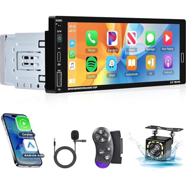 Hodozzy 1 DIN auto radio ar Carplay un Android Car, 6,86 collu HD skārienjūtīgais ekrāns ar Bluetooth, auto radio, 1 DIN ekrāns, Mirrrorlink, balss vadība, radio FM EQ SWC AUX/TF/USB + atpakaļgaita