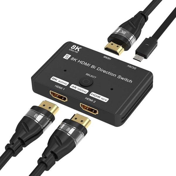 HDMI sadalītājs 8K @ 60Hz 4K @ 120Hz, HDMI 2.1 slēdzis, alumīnija divvirzienu HDMI slēdzis 2 in 1 Out vai 1 in 2 Out HDMI sadalītājs, HDMI slēdzis atbalsta 8K 4K PS5 HDTV Xbox