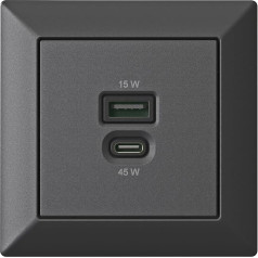 Iebūvējama USB uzlādes stacija, USB-C 45 W + USB-A 15 W lādētājs, matēts melns