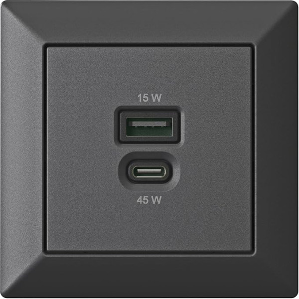 Iebūvējama USB uzlādes stacija, USB-C 45 W + USB-A 15 W lādētājs, matēts melns