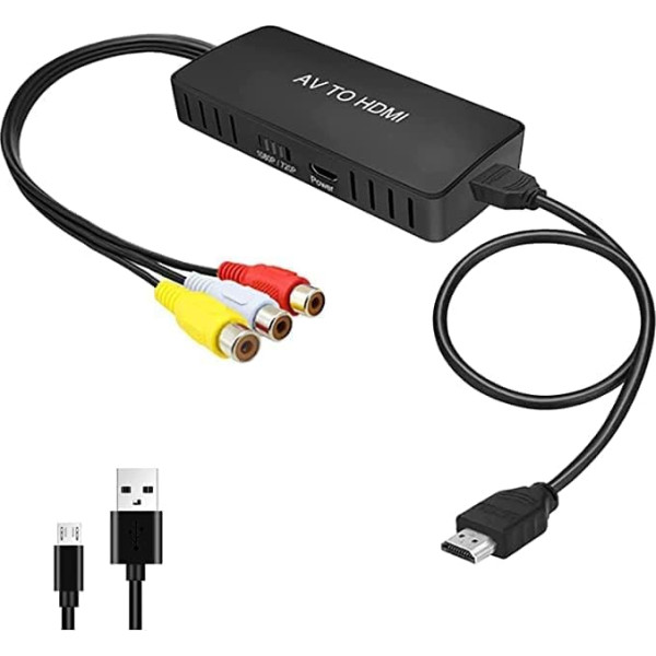 Wrugste RCA uz HDMI pārveidotājs, AV uz HDMI adapteris, Composite uz HDMI adapteris Atbalsta 1080P, PAL/NTSC Saderīgs ar WII/WII U/PS one/PS2/PS3/STB/Xbox/VHS/VCR/Blue-Ray DVD utt.