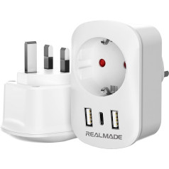 RealMade 2 iepakojuma ceļojuma adapteris no Apvienotās Karalistes uz ES ar 2 USB un 1 C tipa adapteri Anglija Vācija kontaktdakša no ES Vācijas uz Lielbritāniju G tipa kontaktligzdas adapteris