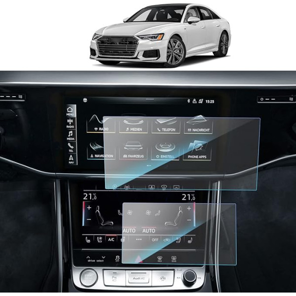 SKTU Ekrāna aizsargstikls saderīgs ar Audi A6 / A7 C8 2019-2023 2024 Navigācijas GPS ekrāna aizsargstikls rūdīta stikla aizsargstikls, izturīgs pret skrāpējumiem (MMI 10,1 collas + priekšējais klimata 8,6 collas)