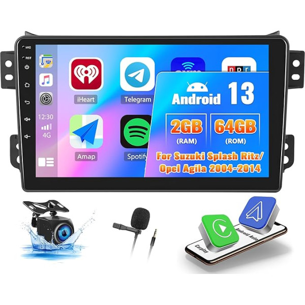 OiLiehu 2G + 64G Android 13 Auto Radio 2DIN Carplay Android automašīnai Suzuki Splash Ritz/Opel Agila 2004-2014 Auto Radio ar ekrānu 9 collas ar Mirror Link/EQ/Bluetooth/FM RDS/WiFi/GPS/Rear View Camera