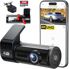 AQV Dash Cam Automašīnas priekšējā un aizmugurējā 4K ar WiFi Auto kamera ar 64 GB SD karti, cilpas ierakstīšana, G-sensors, App Control, Super nakts redzamība, 170° + 140° platleņķis, drošāks superkondensators, autostāvvietas uzraudzība