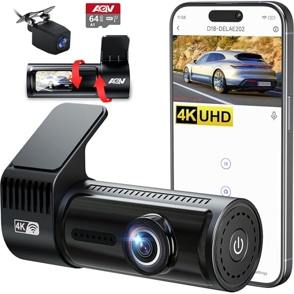 AQV Dash Cam Automašīnas priekšējā un aizmugurējā 4K ar WiFi Auto kamera ar 64 GB SD karti, cilpas ierakstīšana, G-sensors, App Control, Super nakts redzamība, 170° + 140° platleņķis, drošāks superkondensators, autostāvvietas uzraudzība