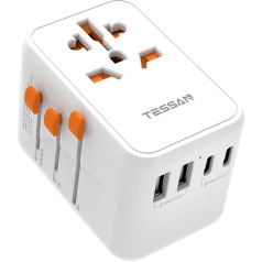 TESSAN 100 W GaN ceļojuma adapteris USB C, Ātras uzlādes USB C adapteris, strāvas adapteris ar 3 USB C un 2 USB A, ceļojuma kontaktdakša ASV, Apvienotajai Karalistei, Itālijai, Taizemei, Kanādai, Japānai, Austrālijai, ASV, Lielbritānijai, Itāl