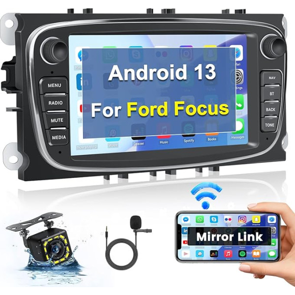 Hikity Android 13 Double DIN auto radio Focus II S-Max Mondeo 9 Galaxy II C-Max Kuga, 7 collu auto radio ar Carplay un Android navigāciju BT WiFi GPS FM/RDS radio atpakaļgaitas kamera Mikrofons