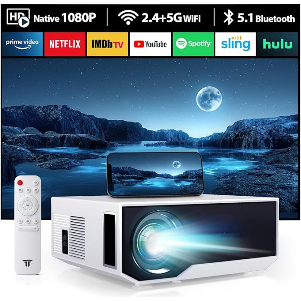 CoolEeve 20000 lūmenu Bluetooth projektors ar Full HD 1080P, 5G WiFi LED mājas kino portatīvais projektors, saderīgs ar iOS/Android (DZTEU-GC06-A001)