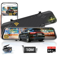 4K WiFi WiFi atpakaļgaitas kameras spogulis ar 64G SD karti 12 collu spogulis Dash Cam ar atpakaļgaitas kameras App Control Dash Cam Auto priekšējā aizmugurējā ar 10 m kabeli atpakaļskata spoguļa kamera Super nakts redzamības G-sensors