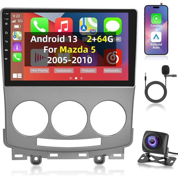 NHOPEEW 2+64G auto radio Mazda 5 2005-2010 - Bezvadu Carplay & Android Car - 9 collu Android-13 radio - WiFi EQ GPS Mirror Link FM RDS + AHD aizmugures skata kamera un mikrofons