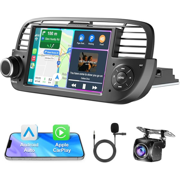 Android Auto Stereo priekš FIAT 500 2007-2015, Bezvadu Carplay un Android auto ar 2G+32G atbalstu Bluetooth/ balss vadība/GPS/WiFi/Rekoratora kamera/SWC/FM 7 collu IPS skārienekrāns FIAT automašīnai