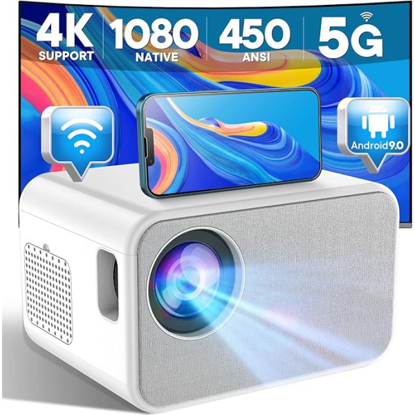 KYASTER Proyector 1080P Nativo, 450 ANSI lūmeni, 4K, saderīgs ar Mini Proyector, Android 9.0, Trapecoidal 4P/4D, 5G WiFi Wireless Screencast para iPhone