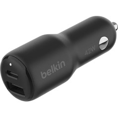 Belkin BoostCharge 2 portu auto lādētājs, 42 W ātrā uzlāde ar USB-C 30 W PPS USB A ports 12 W, piemērots Apple iPhone 15, 15 Pro, 15 Pro Max, iPhone Series 14, 13, Samsung Galaxy S23 u.c. - melns