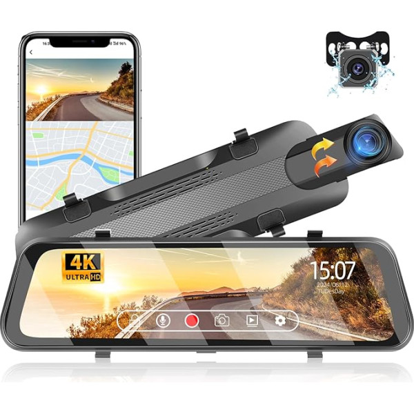 Podofo Dash Cam ar WiFi GPS priekšējā 4K/2.5K aizmugurējā 1080P duālā kamera, 9,66 collu displejs automašīnām ar stāvvietas uzraudzību, nakts redzamību, WDR, 150° platu leņķi, G-sensoru, cilpas ierakstīšanu, App Control