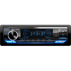 Auto radio Bluetooth 1DIN, DAB+/FM uztvērējs RDS-EON, 4 x 100 W, USB/Micro SD, 2,1 A uzlādes funkcija, Aux-in, brīvroku režīms, ārējais mikrofons, RCA izeja, ISO, gaismas displejs, 110 mm, MP3/WMA/APE/FLAC/AAC