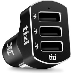 tizi Turbo 3X Black Premium Edition (7,2A), jaudīgs 3-Fach USB automātiskais lādētājs ar augstas kvalitātes alumīnija korpusu Vulkan Schwarz krāsā