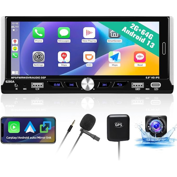 [2G+64G] Android 13 Autoradio ar Bluetooth, bezvadu CarPlay un bezvadu Android Auto, 6,9'' viendimensiju skārienekrāns Autoradio ar GPS WiFi BT BT USB EQ FM/RDS Radio Mirror Link SWC+MIC+Rückfahrkamera