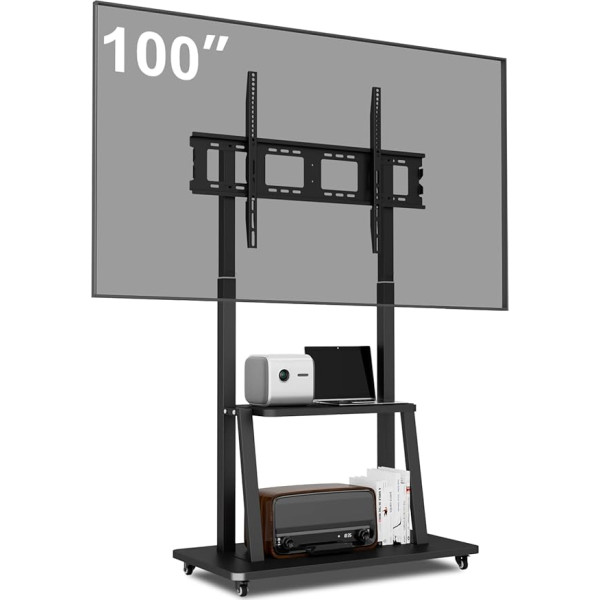 Duiliuu TV statīvs, pārvietojams, TV statīvs ar ritenīšiem, grīdas statīvs TV ratiņiem 50-98 collu TV, regulējams augstums, pārvietojams TV statīvs, maksimālais svars 100 kg, maksimālā izmēra 900 x 600 cm