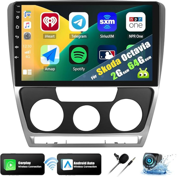 2+64G Android 13 Carplay auto radio ar satelītnavigāciju VW Skoda Octavia 2007-2014 ar bezvadu Android auto, Double DIN 10,1 collu skārienekrāna radio ar Bluetooth GPS WiFi FM/RDS EQ SWC + atpakaļgaita