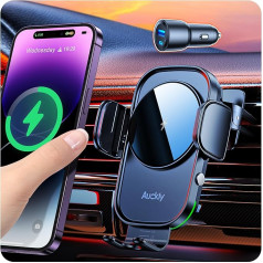 Auckly Auto mobilā tālruņa turētājs ar uzlādes funkciju, + 60 W PD+QC auto lādētājs, Qi 15 W ātrais bezvadu lādētājs, automātiskā indukcija iPhone 12/13/14/15 Pro Max Mini Plus un Samsung Galazy