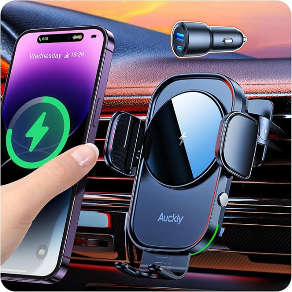 Auckly Auto mobilā tālruņa turētājs ar uzlādes funkciju, + 60 W PD+QC auto lādētājs, Qi 15 W ātrais bezvadu lādētājs, automātiskā indukcija iPhone 12/13/14/15 Pro Max Mini Plus un Samsung Galazy