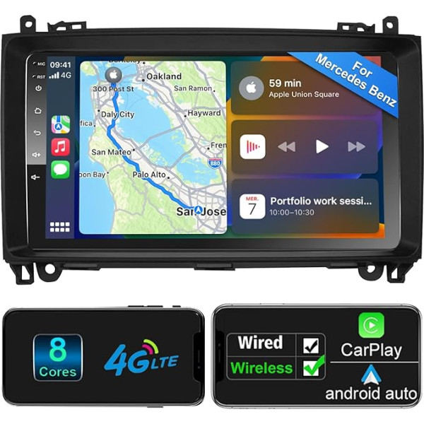 Android auto radio Bezvadu CarPlay Android auto Mercedes-Benz A klases / B klases / W245 Viano Vito W639 Sprinter 8-core 4G + 64G auto radio ar ekrānu 9 collu 4G WiFi Bluetooth RDS auto radio NAVI