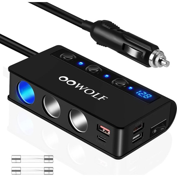 OOWOLF Cigarešu aizdedzes sadalītājs, QC 3.0 C tipa USB lādētāja adapteris, trīskāršs 180 W 12 V / 24 V auto sadalītājs ar voltmetra slēdzi GPS Dash Cam tālruņa planšetdatoram