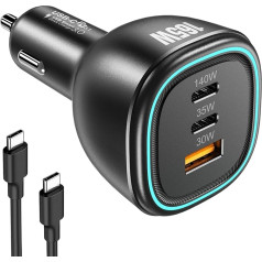 165W Cigarešu aizdedzinātāja USB C 3 pieslēgvietu vienlaicīga uzlāde PD3.1 140W ātrais auto lādētājs ar 100W C tipa USB kabeli, kas saderīgs ar MacBook iPad Samsung tālruni, planšetdatoru, portatīvo datoru