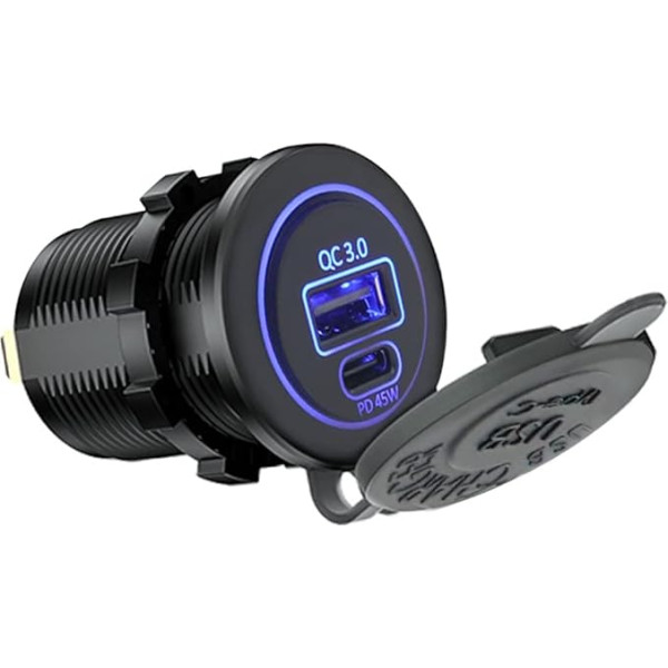 Dual USB auto lādētāja ligzda, MoreChioce QC3.0 PD 45W ūdensizturīgs auto ātrās uzlādes lādētājs Auto uzlādes ligzda Cigarešu aizdedzinātāja USB ligzda ar slēdzi 12V-24V auto motociklam