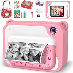 Ushining Instant Camera for Children, Children's Camera 10X Zoom Digital Camera Children 2.4 Inch Screen 1080P Video Camera with 32GB TF Card 3 Rolls Printing Paper 5 Colour Pencils Gift Version