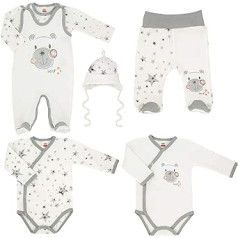 Makoma Baby Layette Set , Unisex, 6-piece Teddy romper komplekts ar garām piedurknēm babygro, biksēm un cepuri.