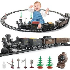 fisca Electric Train Set for Children, Railway Rails Train Toy Set with Steam Locomotive, 3 Freight Trains, Sounds & Light & Water Spray