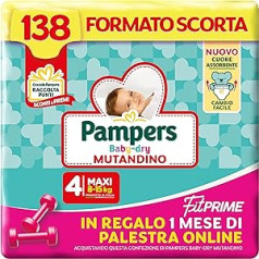 Pampers Baby Dry Biksītes & Fit Prime Maxi, 138. izmēra autiņbiksītes, 4. izmērs (8-15 kg), 1 mēnesis tiešsaistē bez maksas