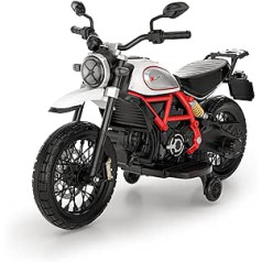 Smart BeBe vaikiškas elektrinis motociklas Ducati Scrambler 12 V akumuliatoriaus greitis MP3 garsas ir šviesos 3-8 metų vaikiškas motociklas su stabilizatoriais (baltas)
