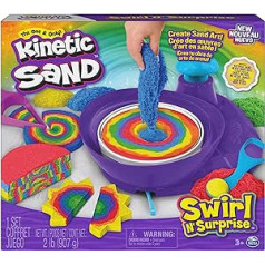 Kinetic Sand Swirl 'n Surprise komplekts - ar 907 g oriģinālām kinētiskām smiltīm no Zviedrijas četrās krāsās un atskaņotāju, komplekts radošām smilšu rotaļām iekštelpās, bērniem no 3 gadu vecuma